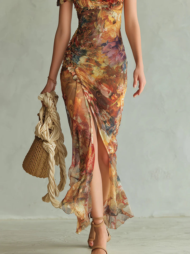 Viola | Longue robe en chiffon orange avec imprimé de style bohème peint à l'huile