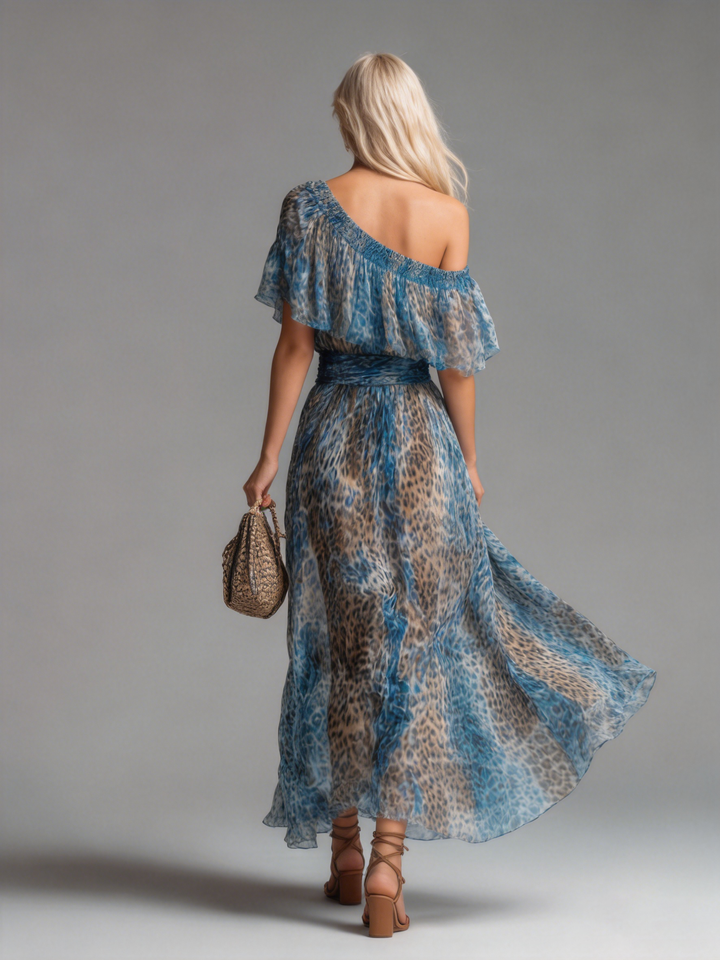 Wild - Robe longue en chiffon avec imprimé léopard et épaules nues