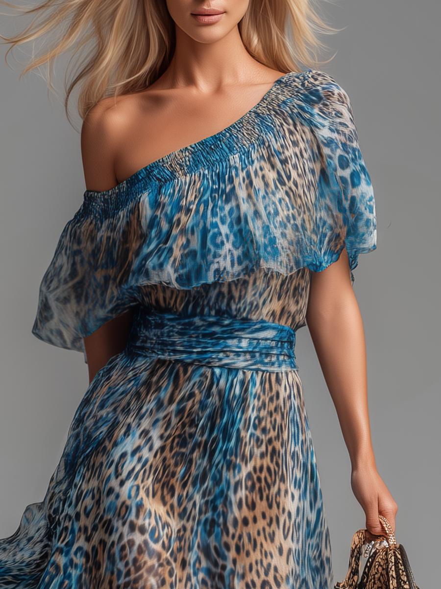 Wild - Robe longue en chiffon avec imprimé léopard et épaules nues
