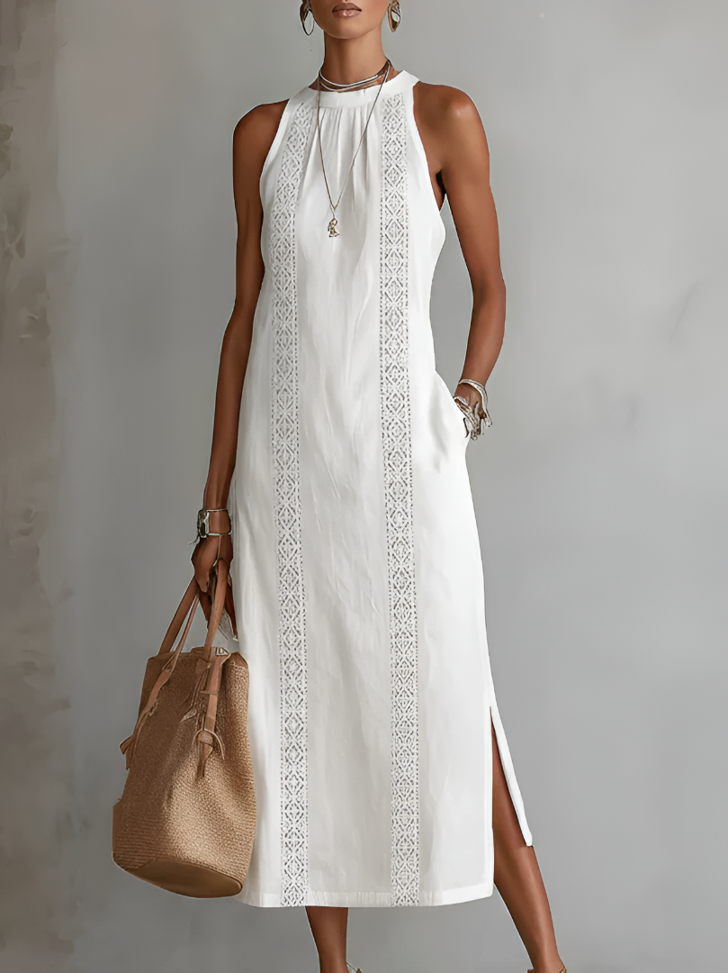 Jimena | Robe midi brodée à col mandarin décontracté