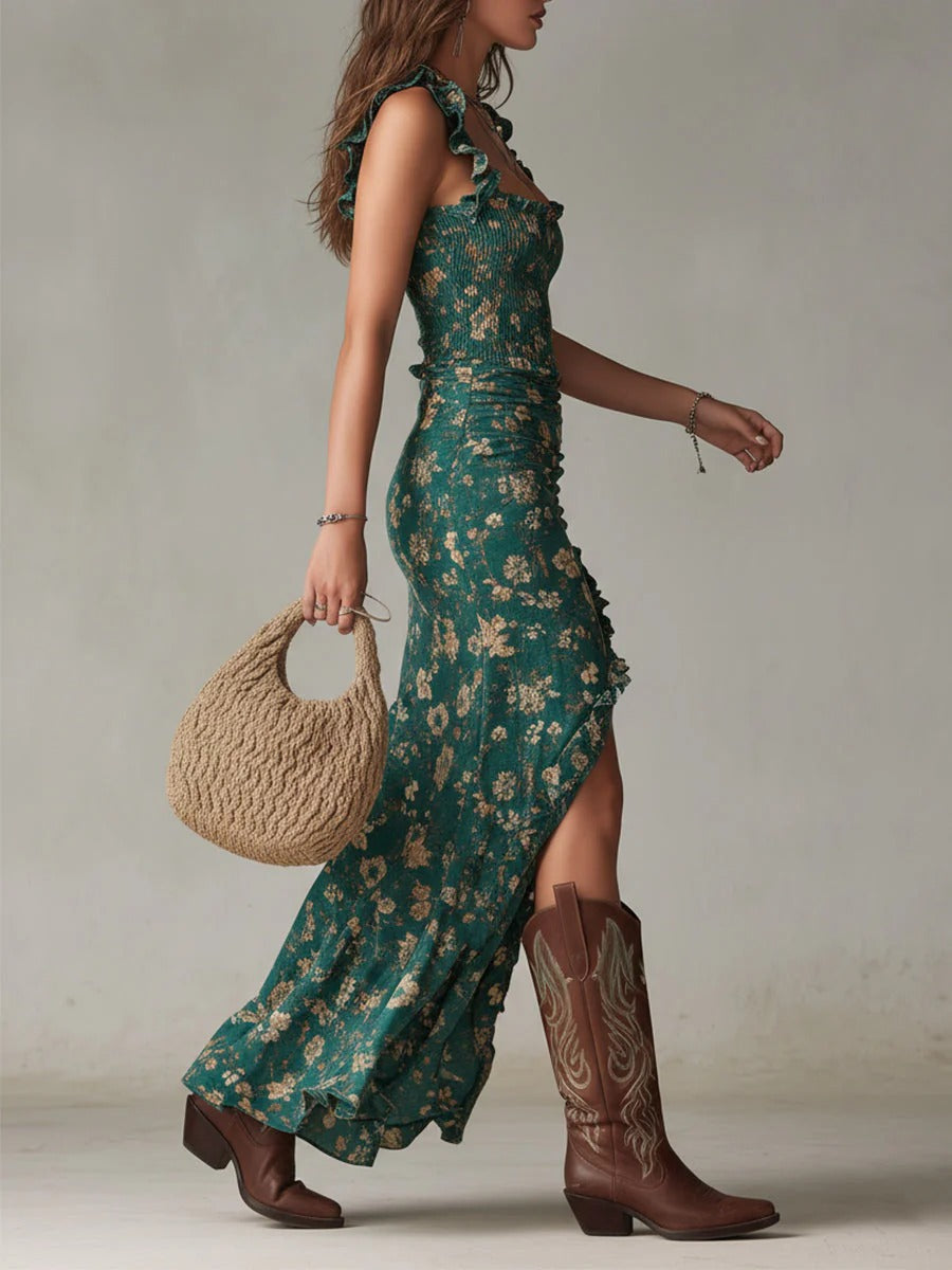 Zara | Robe maxi florale bohème froncée avec fente latérale