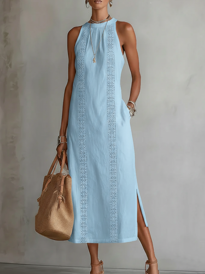 Jimena | Robe midi brodée à col mandarin décontracté