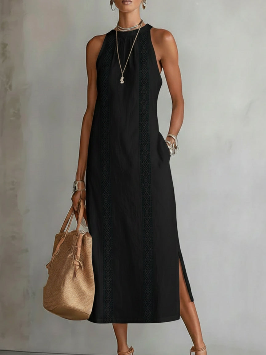 Jimena | Robe midi brodée à col mandarin décontracté